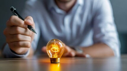 Fototapete - A person holding a pen near a glowing light bulb, symbolizing ideas, creativity, and innovation in a professional setting.