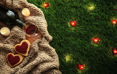 Wall Mural - A romantic picnic setup with heart-shaped sandwiches, a bottle of wine, and a cozy blanket on green grass for Saint Valentines Day