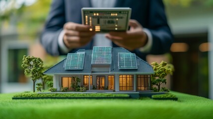 Poster - A person holds a tablet while examining a miniature model of a house featuring solar panels and a green landscape.