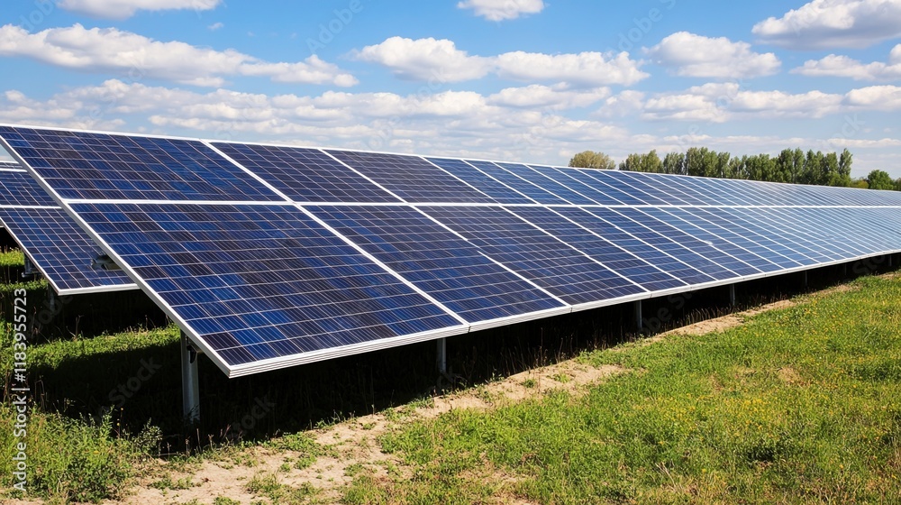 Residential solar panels generate renewable energy under a bright blue ...