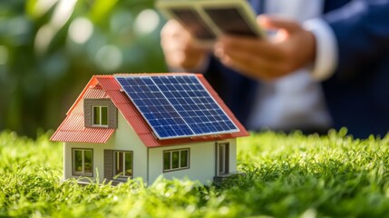 Aufkleber - A miniature house with solar panels sits on lush grass while a person holds a smartphone, symbolizing renewable energy and smart technology.