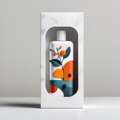Poster - Elegant white paper packaging solution featuring an abstract pattern of embossed geometric shapes and a matte  soft touch finish  presented in a compact carton box with a die cut window for a premium