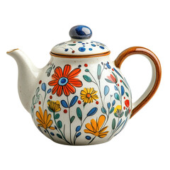 Colorful floral ceramic teapot on white, vibrant design showcases intricate patterns, perfect for decorative use or kitchen display