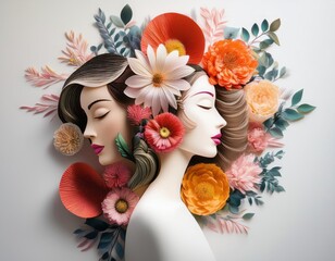 Wall Mural - Colorful flowers and artistic faces symbolize unity and strength for women on this special day.