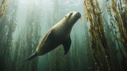 Poster - Diving joyfully through the underwater kelp forest, the sea lion exhibits playful energy and agility, showcasing its vibrant surroundings in a mesmerizing aquatic ballet