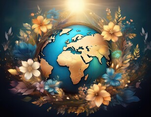 Wall Mural - Global unity and empowerment are represented through vibrant flowers surrounding the world.