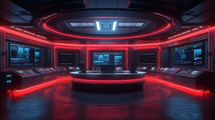 Poster - Futuristic Control Room with Red Neon Lights and Advanced Technology