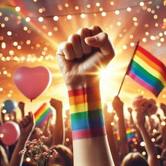 Raised rainbow fist of a woman for PRIDE month and the LGBTQIA+ movement. Pride day for sexuality freedom, love diversity celebration and the fight for human rights Stock Photo photography Скрыть
