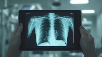 Aufkleber - A medical professional holds a digital tablet showing an X-ray of a human chest, illustrating the ribcage and lungs in a hospital environment. Bright fluorescent lights illuminate the background.