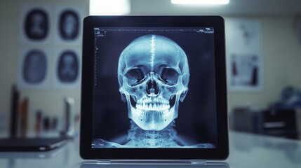 Fototapete - In a medical clinic, an x-ray of a human skull is prominently displayed on a tablet screen, showcasing detailed bone structure. This high-resolution imaging supports diagnostic procedures.