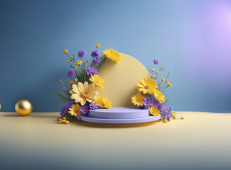 Poster - Pastel yellow and purple flowers adorn a minimalist purple and yellow podium against a blue backdrop. A golden sphere adds a touch of elegance to the scene.  Perfect for product display or spring them