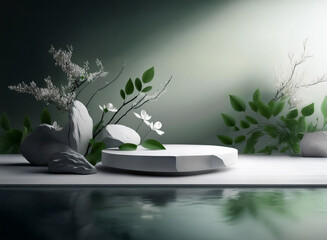 Poster - Serene scene with a minimalist white platform, surrounded by rocks,  leaves, and delicate white flowers against a moody green backdrop.  Reflective surface adds depth.
