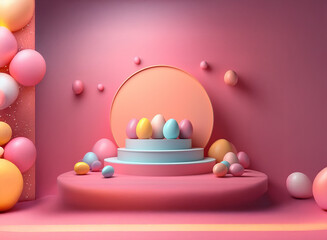 Poster - Pastel pink Easter scene with colorful eggs on a tiered display, surrounded by floating pastel balloons.  A minimalist, festive backdrop.