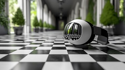 VR headset on checkered floor, mansion hallway background, virtual reality