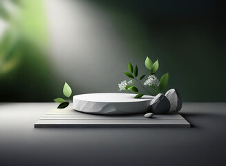 Poster - Serene scene: A minimalist white stone podium adorned with delicate white flowers and grey stones rests on a wooden platform against a blurred green backdrop.  Sunlight filters from above.