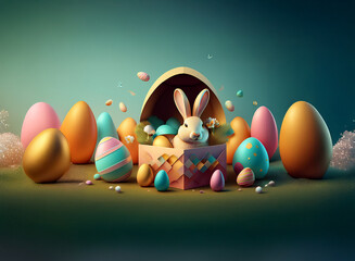 Poster - A cute bunny sits in a pastel egg-filled basket, surrounded by colorful eggs and fluffy textures.  A spring-themed, celebratory image perfect for Easter.