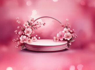 Poster - Elegant pink podium adorned with delicate cherry blossoms, set against a soft, bokeh background.  Perfect for product display or spring themed designs.