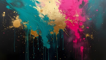 Abstract Art, Bold Teal, Fuchsia, and Gold Splashes on Black Canvas - Modern, Vibrant Painting