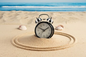 A photo of an alarm clock placed on a pile of beach sand