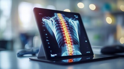 Fototapete - A detailed x-ray image of a human spine shown on a digital tablet in a contemporary medical setting. The focus is on spinal alignment and potential abnormalities, with soft ambient lighting.