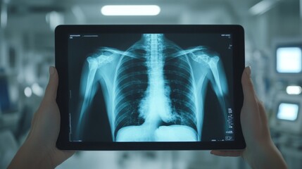 Fototapete - A medical professional holds a tablet displaying a chest x-ray in a clinical setting. The x-ray shows detailed imagery of the lungs and shoulders, highlighting areas of interest for further analysis.