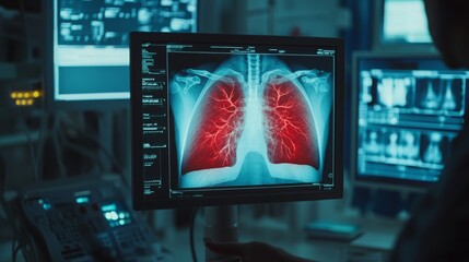 Fototapete - A medical professional examines a digital lung x-ray on a monitor. The bright red vascular structure highlights blood flow, revealing critical information for diagnosis in a healthcare environment.
