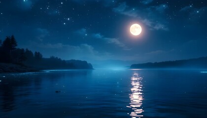 Full Moon Mirrored on a Dark Lake Cosmic Fantasy Ocean and Sea Under a Starry Night Sky