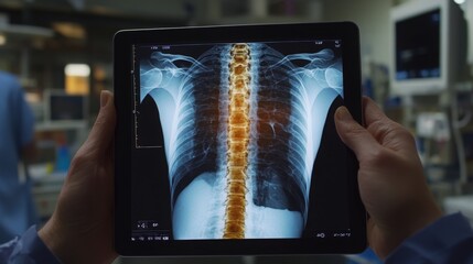 Poster - A medical staff member holds a tablet displaying a detailed spinal x-ray in a hospital environment. The focus is on diagnosing patient conditions with advanced imaging technology.