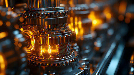 Poster - Glowing Engine Gears, Factory Interior, Industrial Machinery, Closeup