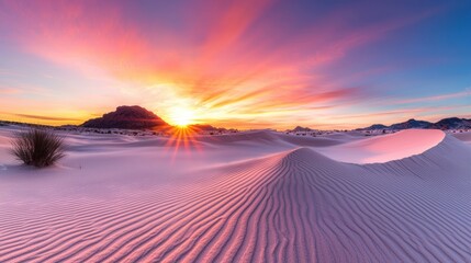 Poster - A fiery sunset over a vast desert landscape, with vibrant orange, red, and purple hues painting the sky and casting long shadows across the sand dunes.