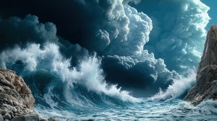 Poster - Waves crashing against a rocky coastline under a stormy sky, with dark clouds reflecting in the turbulent water and creating a dramatic and chaotic scene.