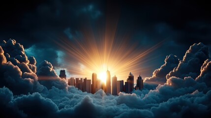 Poster - A cityscape bathed in the warm glow of sunrays breaking through clouds, with buildings illuminated by the beams of light and creating a sense of hope.
