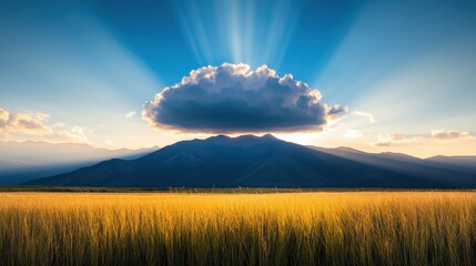 Poster - Sunbeams radiating from behind a single, large cloud, creating a starburst effect and casting long shadows across the landscape.