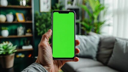 Aufkleber - A person holds a smartphone displaying a bright green background in a stylish living room filled with plants and shelves of books. Sunlight enters through the window, creating a cozy atmosphere.