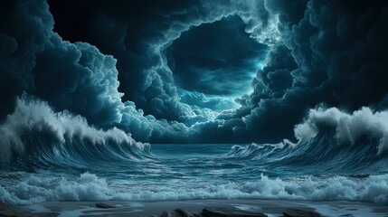 Poster - Storm clouds gathering over the ocean, with waves crashing against the shore and creating a dramatic and powerful scene.
