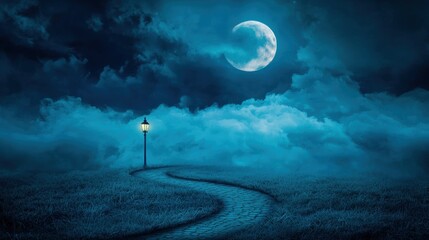 Poster - A lone streetlight illuminating a path through a park at night, with clouds partially obscuring the moon and creating a moody and atmospheric scene.