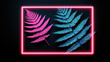 Poster - A sleek, minimalist design with a single, bright pink neon frame highlighting the intricate veins of a delicate fern frond against a black backdrop.