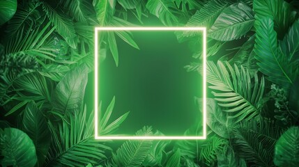Poster - An abstract neon frame, with sharp angles and curves, surrounding a cluster of lush tropical leaves, creating a dynamic and futuristic visual.