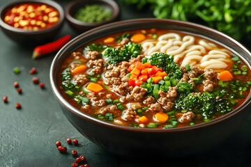 Wall Mural - Aromatic and Savory Ground Beef Noodle Soup with Colorful Vegetables