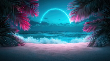 Poster - A wide angle shot of a bioluminescent beach with turquoise waves crashing against the shore, framed by palm trees illuminated with neon lights, creating a surreal paradise.