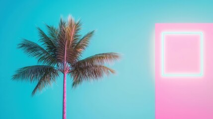 Poster - A neon sign with the words Tropical Nights flickering against a backdrop of swaying palm trees and a deep blue, twilight sky.