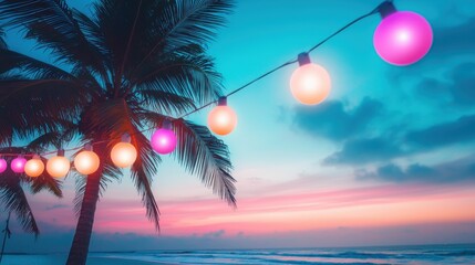 Poster - A beach bar on stilts, lit by strings of colorful neon lights, with the silhouette of palm trees and the sound of waves crashing in the background.