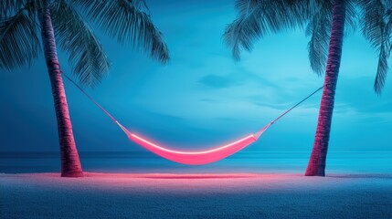 Poster - A lone hammock strung between two palm trees, illuminated by a soft, warm neon glow, creating a serene and inviting nighttime scene.
