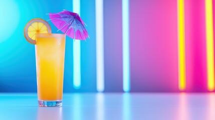 Poster - A close up shot of a tropical cocktail adorned with an umbrella and a slice of fruit, placed on a bar counter illuminated with vibrant neon lights.