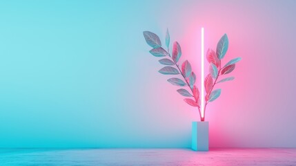 Poster - An abstract neon sign composed of geometric shapes and lines, intertwined with cascading philodendron leaves, forming a modern and stylish design element.