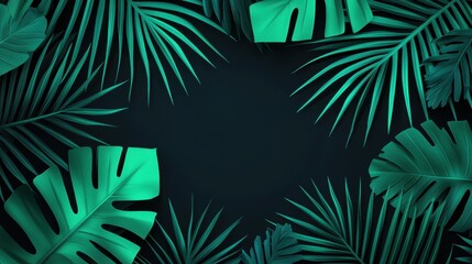 Poster - A dark background with a repeating pattern of neon green palm leaves, creating a bold and modern tropical design element for textiles or wallpaper.