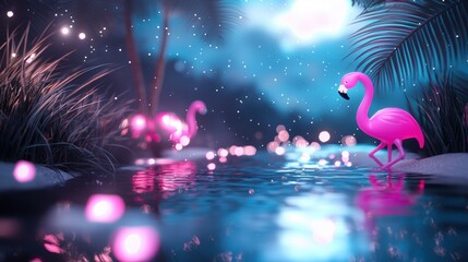 Poster - A festive scene with colorful neon lights strung across a beach, illuminating palm trees, inflatable flamingos, and people dancing under the stars.