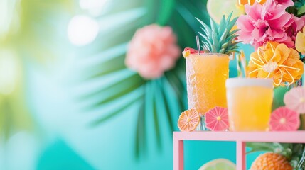 Poster - A close up shot of a bar cart decorated with neon signs, tropical flowers, and an array of colorful cocktails, capturing the vibrant energy of a tropical party.