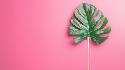 Poster - A minimalist composition of a single monstera leaf with a single cut out section, illuminated from behind by a soft pink neon light, creating a subtle yet striking visual.