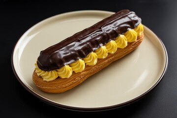 eclair with a yellow cream topping on a plate